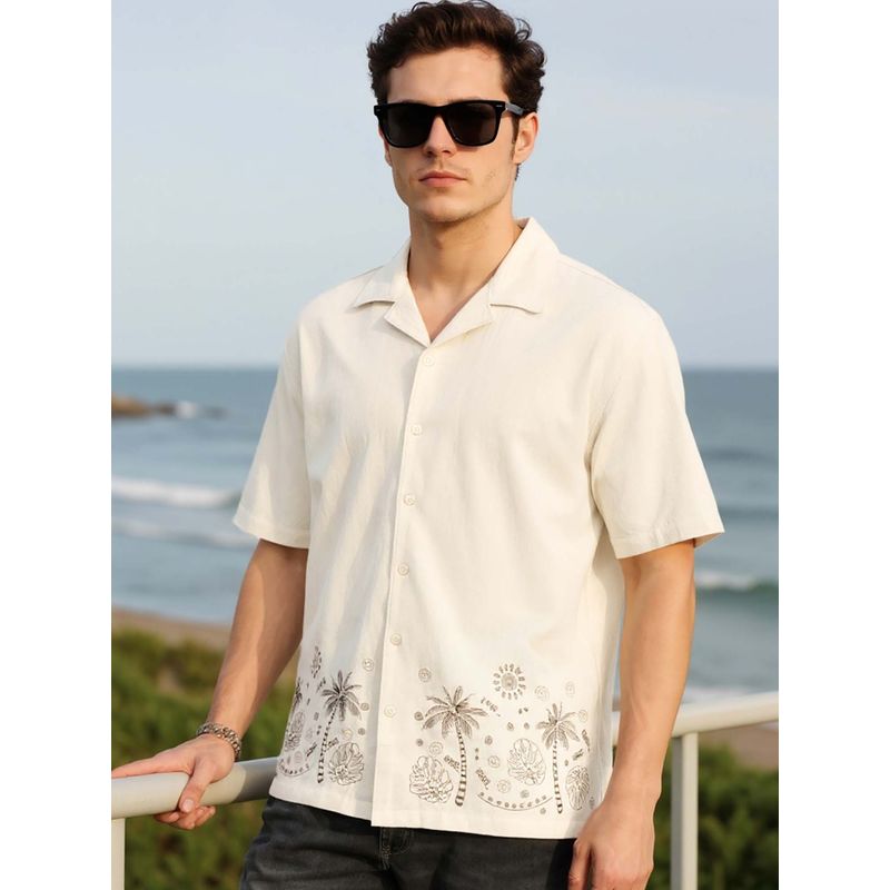 Bewakoof Men's Beige Embroidered Oversized Shirt (L)
