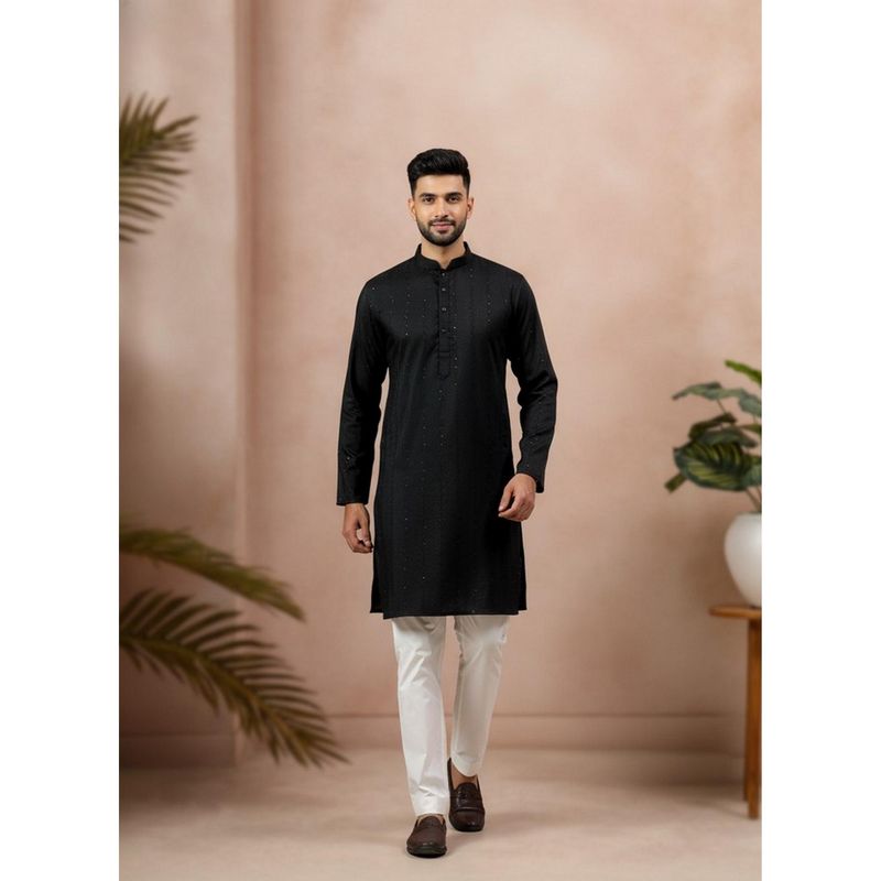 Gahan Black Cotton Jacquard Sequence Kurta with Pyjama (M)