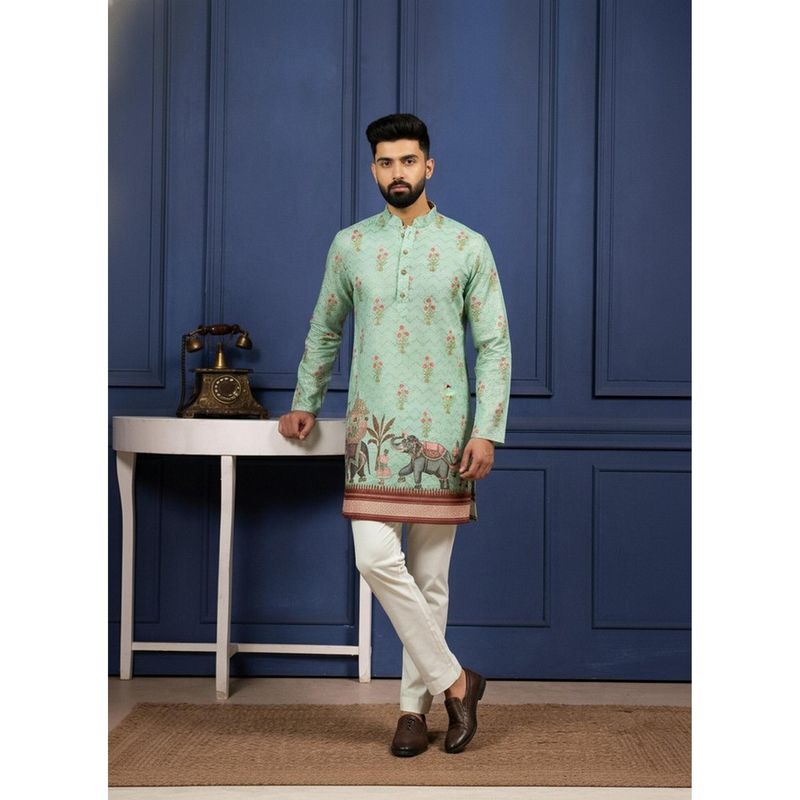 Gahan Pista Green Cotton Digital Print Embroidered Kurta with Pyjama (S)