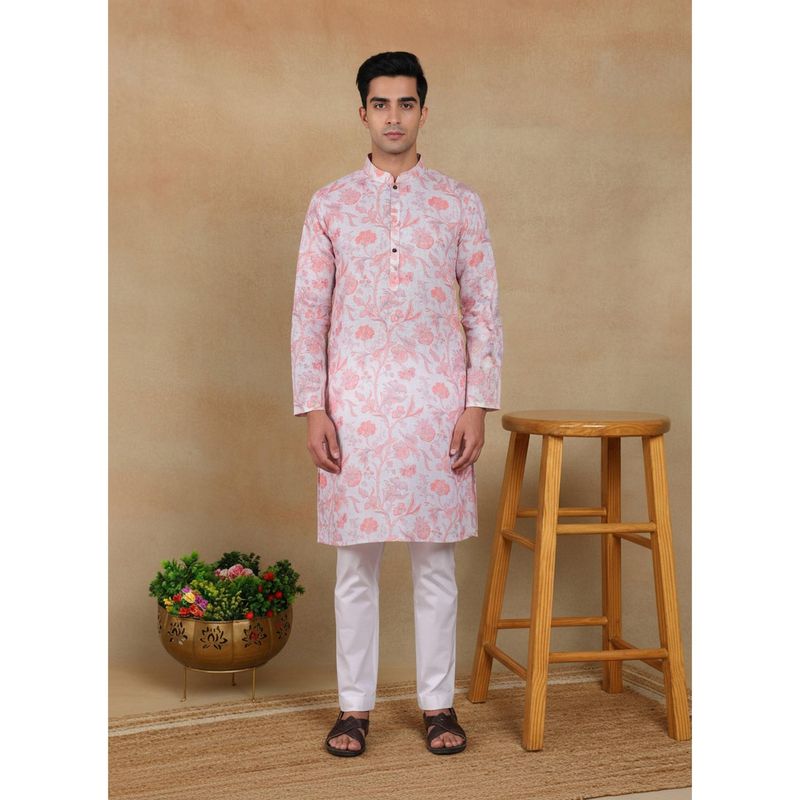 Gahan Mens Pink Pure Linen Printed Kurta with Cotton Pyjama (S)