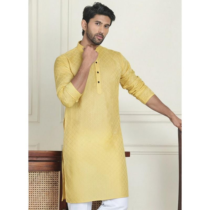 Gahan Mens Light Yellow Art Silk Embroidered Kurta with Pyjama (S)