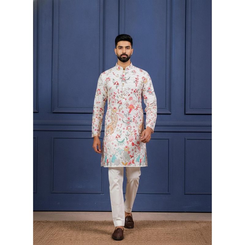 Gahan Cream Digital Print Embroidered Kurta with Pyjama (L)