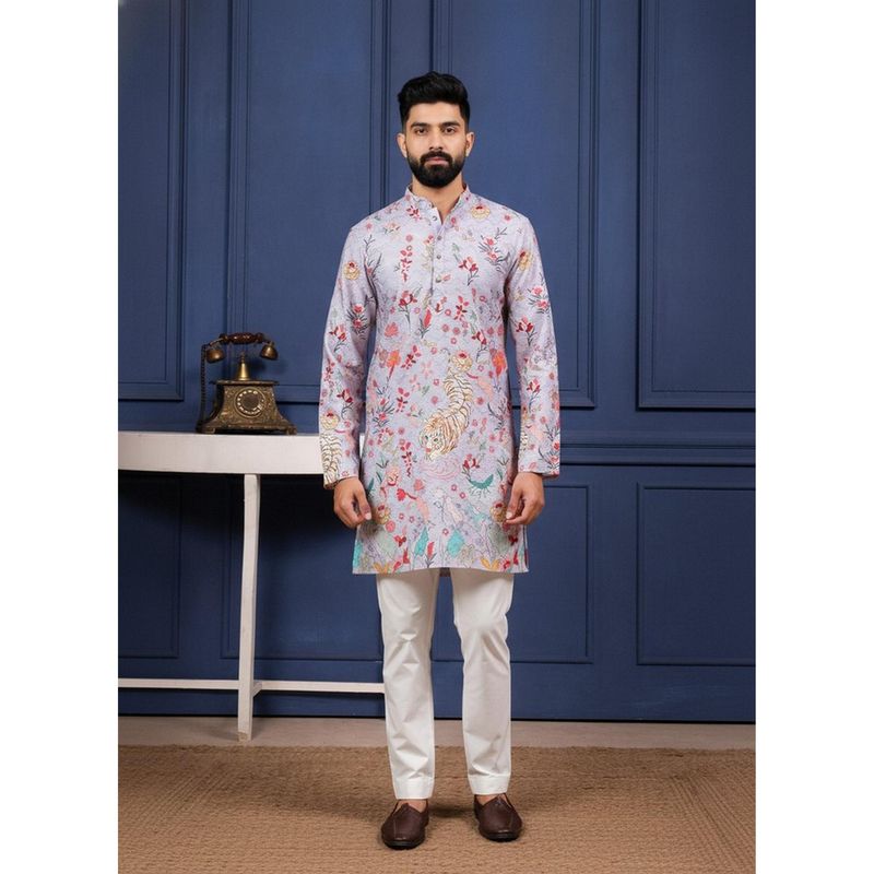 Gahan Lavender Digital Print Embroidered Kurta with Pyjama (S)