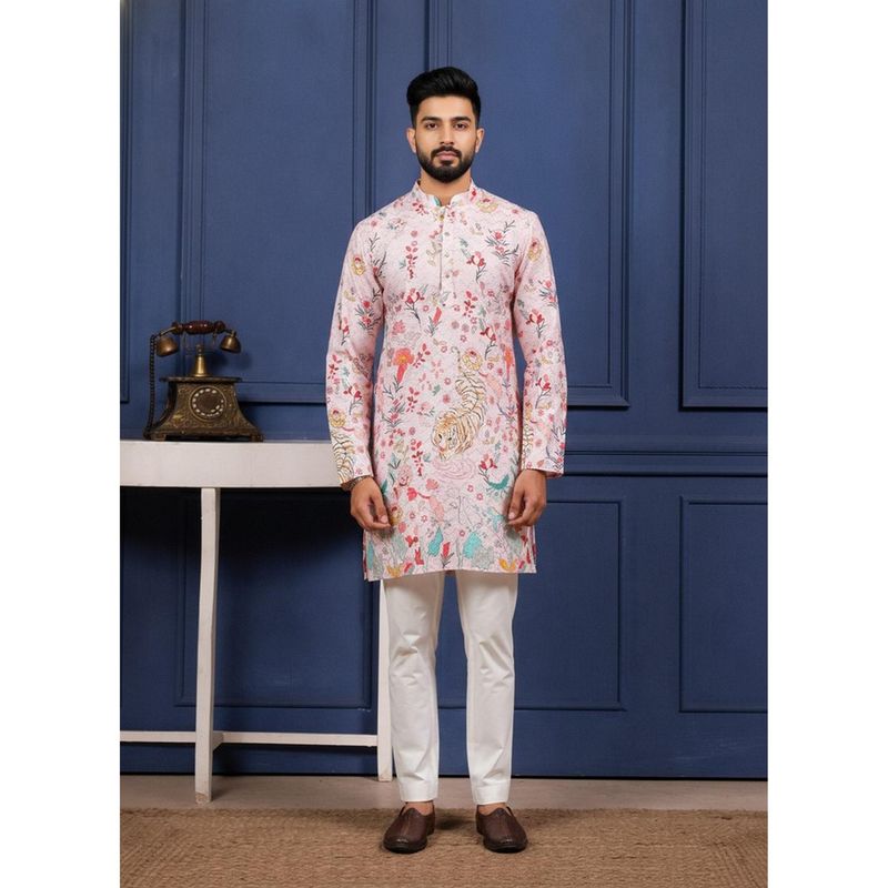 Gahan Pink Digital Print Embroidered Kurta with Pyjama (M)