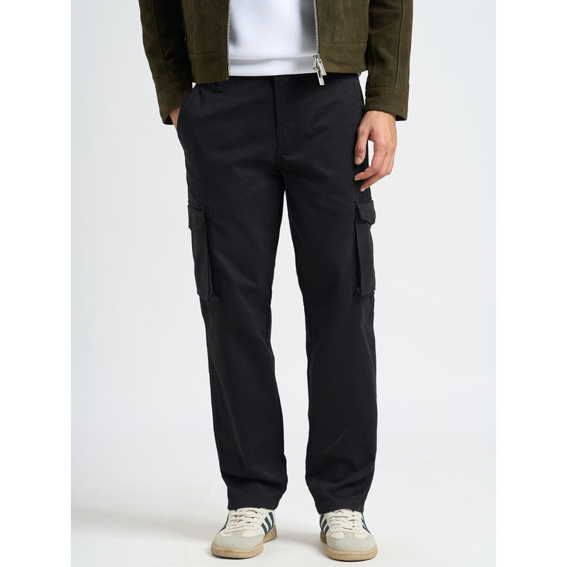 Selected Cotton Solid Straight Regular Fit Black Cargos (30)
