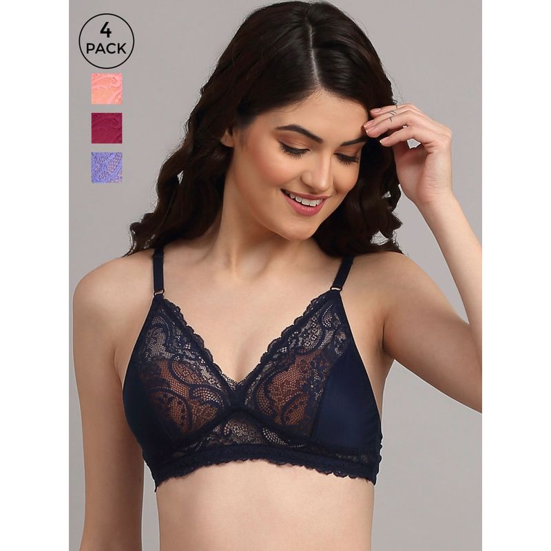 AOBA Multi Color Set of 4 Floral Lace Non-Padded Bralette Bra (S)
