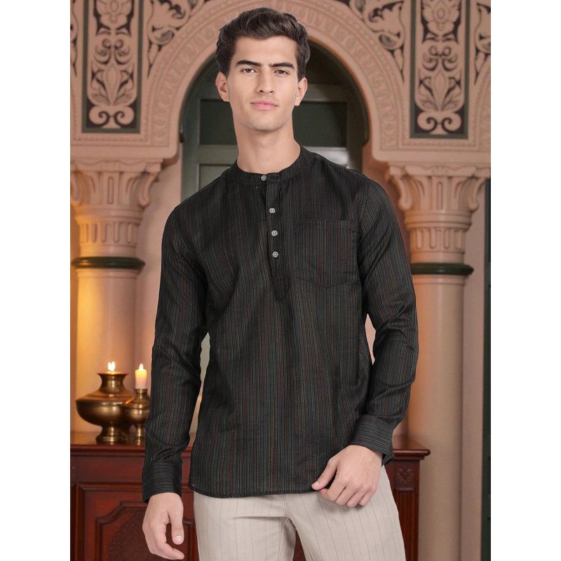 Kryptic Cryptic Men Cotton Multi Colour Stripe Black Short Kurta (S)