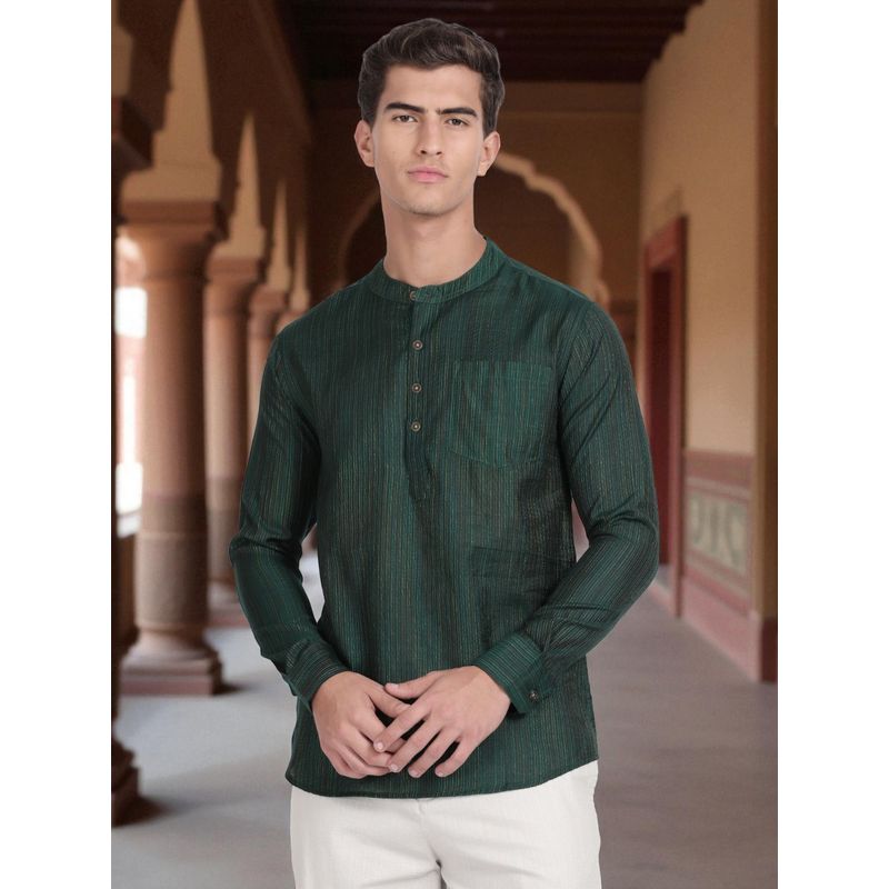 Kryptic Cryptic Men Cotton Multi Colour Stripe Green Short Kurta (S)