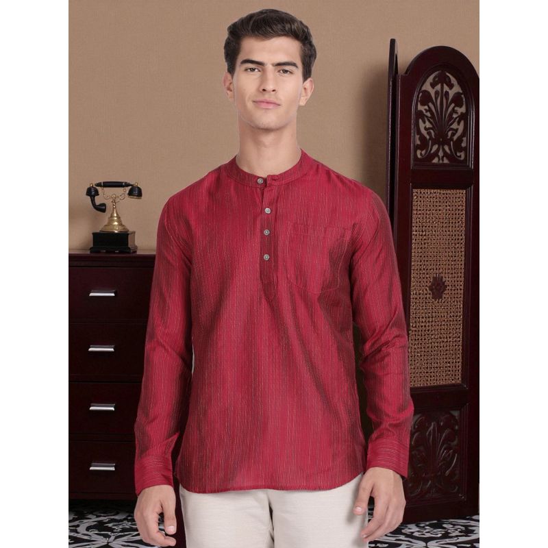Kryptic Cryptic Men Cotton Multi Colour Stripe Maroon Short Kurta (S)