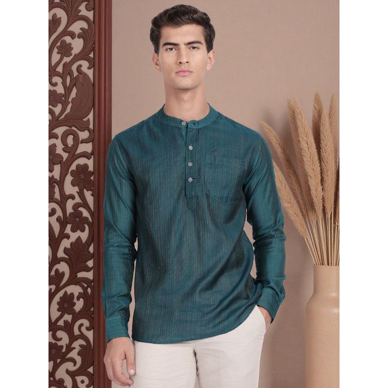 Kryptic Cryptic Men Cotton Teal Stripe Black Short Kurta (S)