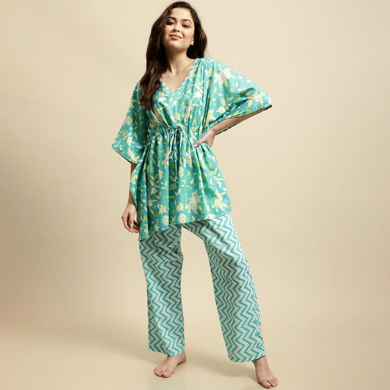 Secret Wish Womens Turquoise Blue Jaipuri Ethnic Print Kaftan Night Suit (Set of 2) (M)