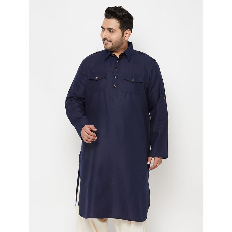 Vastramay Plus Mens Navy Blue Cotton Blend Kurta (46)