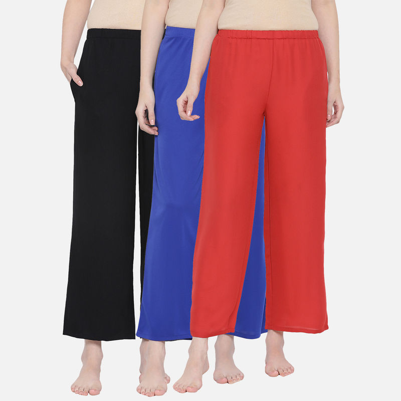 Clovia Pack Of 3 Crepe Basic Assorted Color & Print Pyjama - Multi-Color (S)