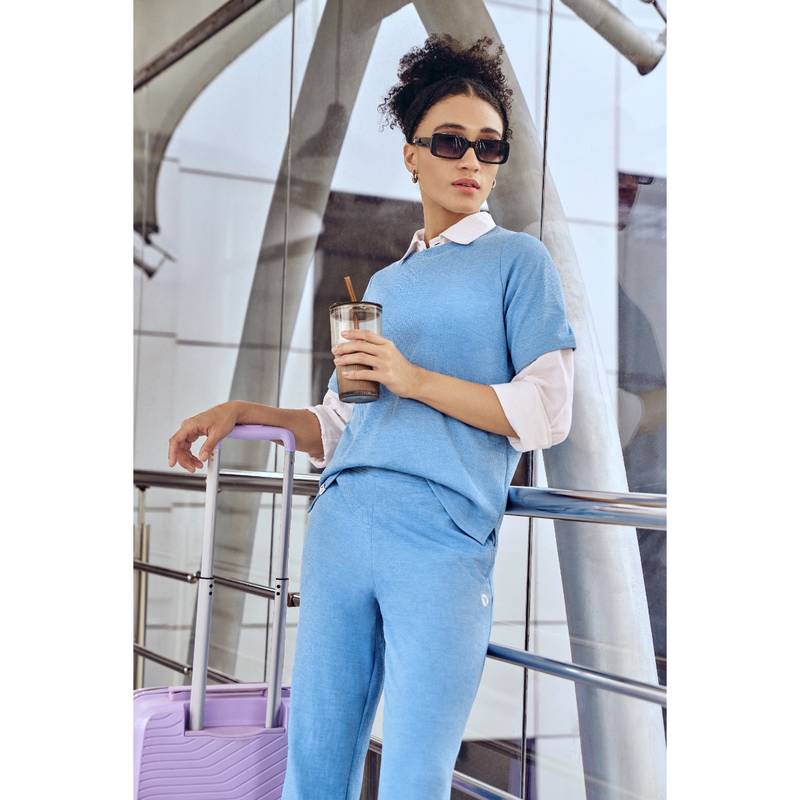 Technosport Women Blue Cubic Melange Relaxed Fit Round Neck Double Cool T-Shirt (L)