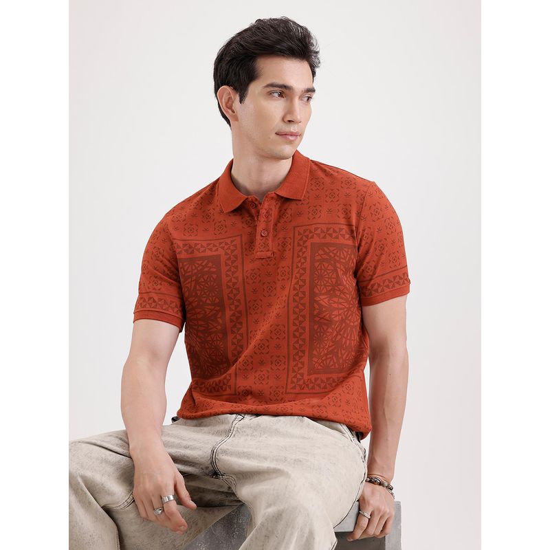 WROGN Slim Fit Pannel Printed Polo T-Shirt Rust (S)