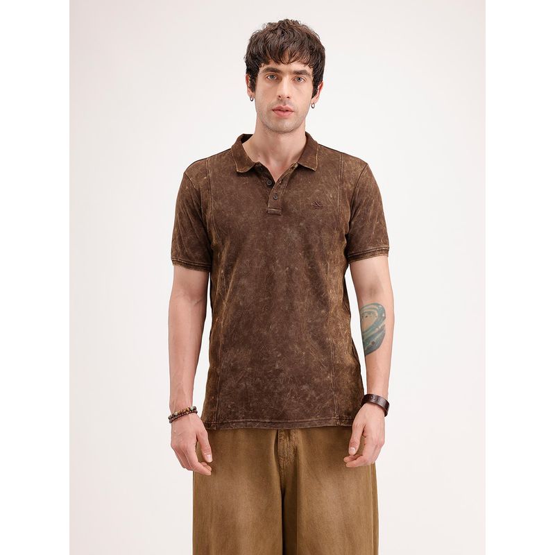 WROGN Slim Fit Washed Cut and Sew Polo T-Shirt Brown (S)