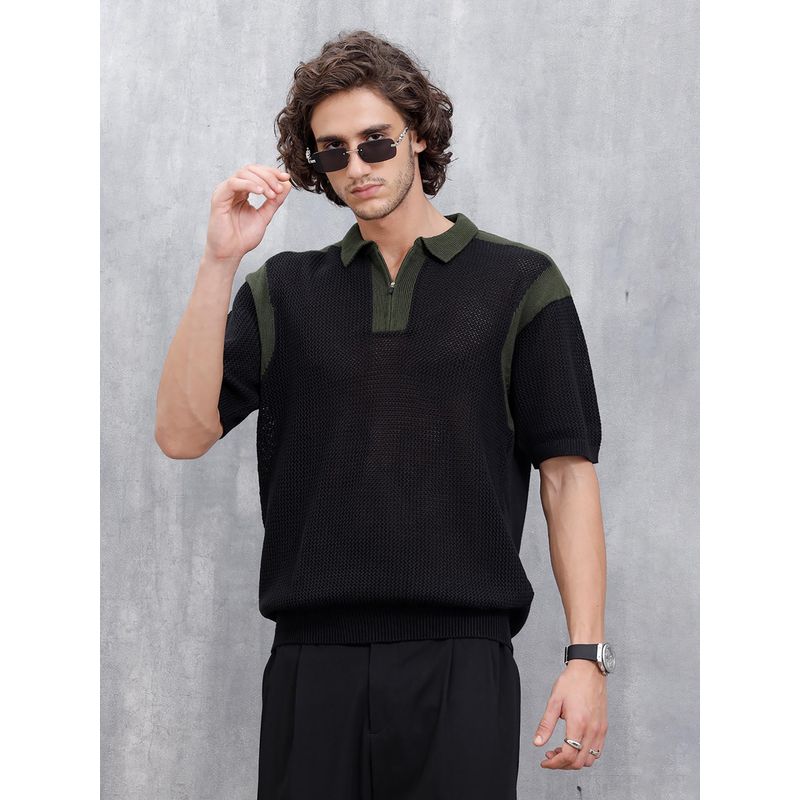 WROGN Casual Men Oversized Fit Flat Knit Polo T-Shirt with Zipper Black (L)