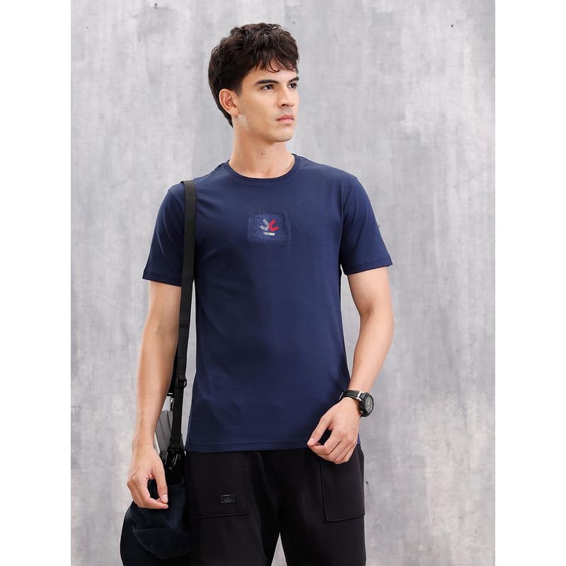 WROGN Gold Finish Interlock T-Shirt With Embroidery On Chest Navy Blue (S)