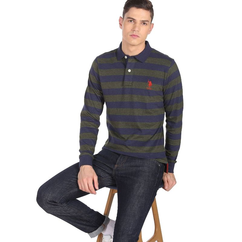U.S. POLO ASSN. Men Navy And Grey Long Sleeve Horizontal Stripe Polo Shirt (S)
