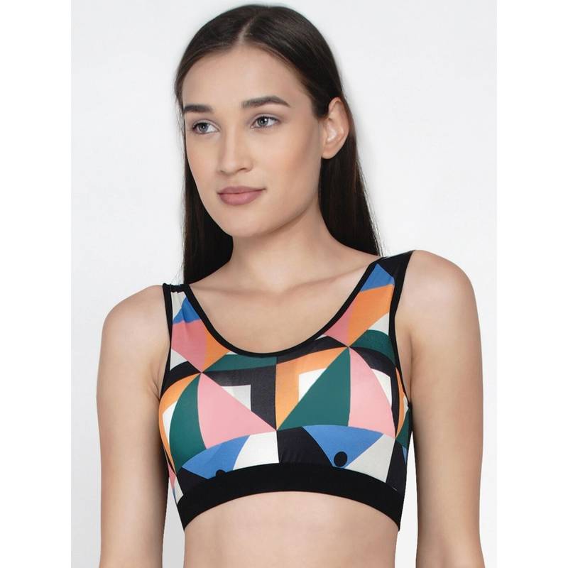 AOBA Women Multicoloured Printed Non-Wired Removable Padding Workout Bra (L)