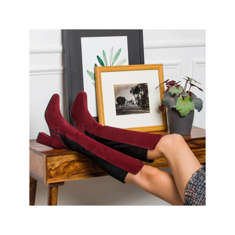 Saint G Women Maroon Stretch Suede Leather Knee High Boots (EURO 38) (EURO 38)