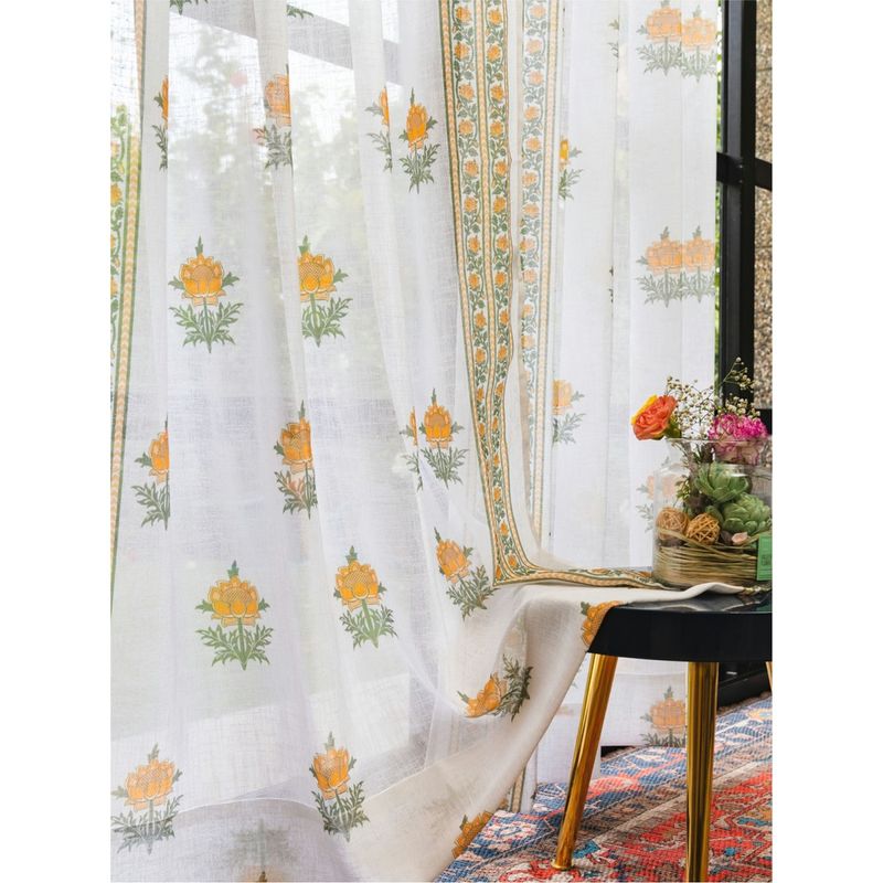 Urban Space Printed Sheer Linen Curtains for Window - Modern Fire Glow Yellow (Pack of 2) (5x4 feet)