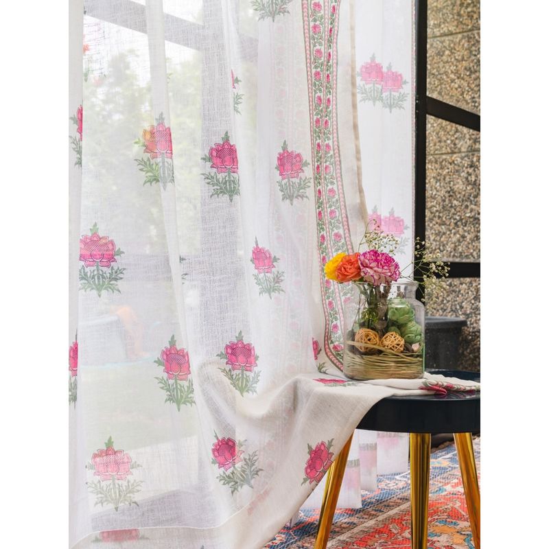 Urban Space Printed Sheer Linen Curtains for Window - Modern Fire Glow Pink (Pack of 2) (7x4 feet)