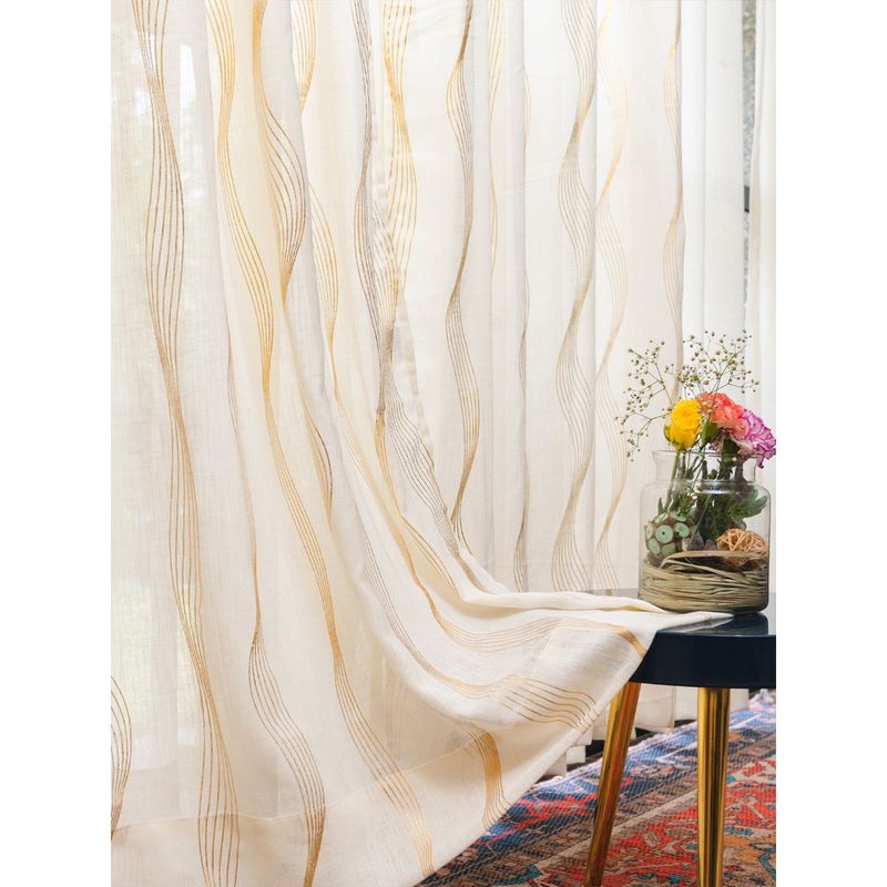 Urban Space Gold Foil Sheer Curtains for Window - Double Wave Butter Cream (Pack of 2) (7x4 feet)