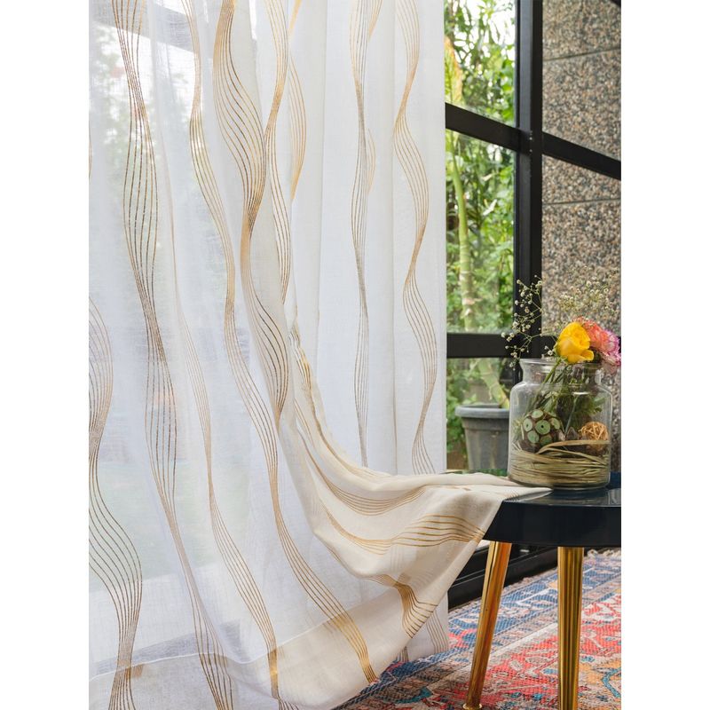 Urban Space Gold Foil Sheer Curtains for Window - Double Wave White (Pack of 2) (5x4 feet)