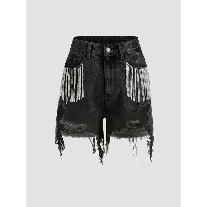 Cider Diamond Tassels Ripped Denim Shorts (M)