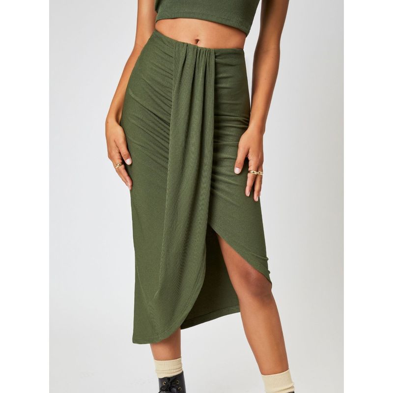 Cider Green Rib Ruched Slit Midi Skirt (S)