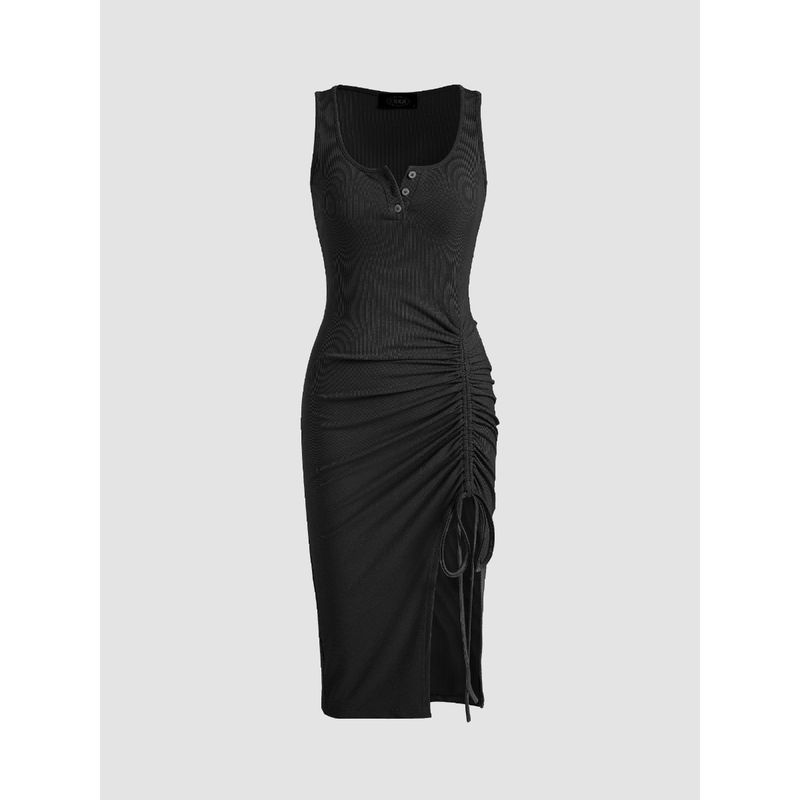 Cider Black Textured Rib Button Drawstring Midi Dress (S)