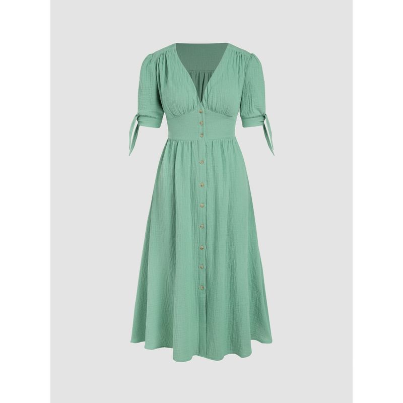 Cider Solid Button Up Knotted Middle Sleeve Dress (M)