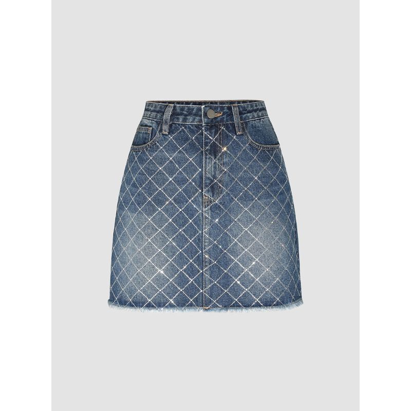 Cider Denim Rhinestone Raw Hem Mini Skirt (S)