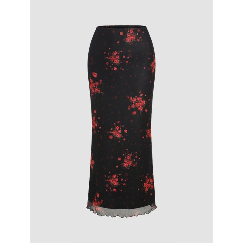 Cider High Waist Rose Mesh Maxi Skirt (M)