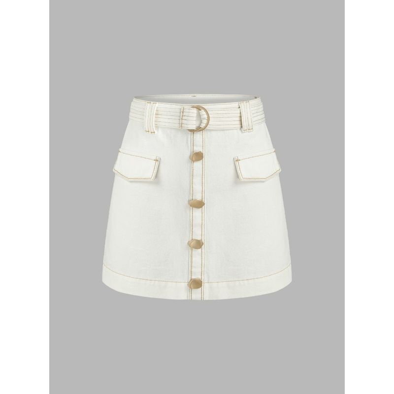 Cider Denim Mid Waist Belted Button Mini Skirt (M)