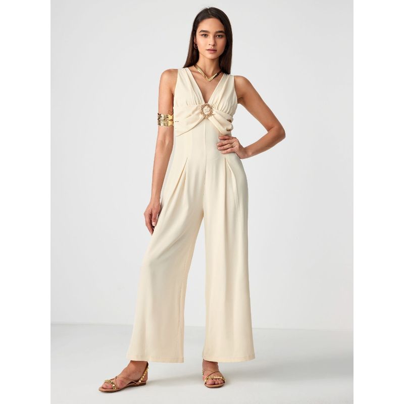 Cider Solid Chiffon Plunging Neck Pleated Jumpsuit (M)