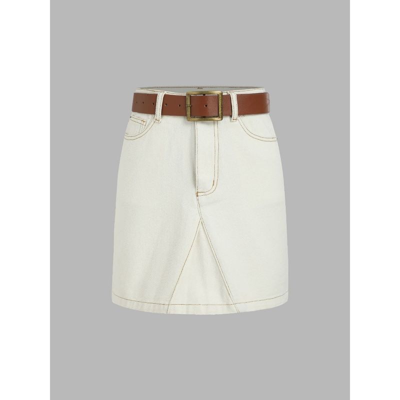 Buy Cider Solid Denim Mid Waist Mini Skirt With Belt (Set of 2) Online