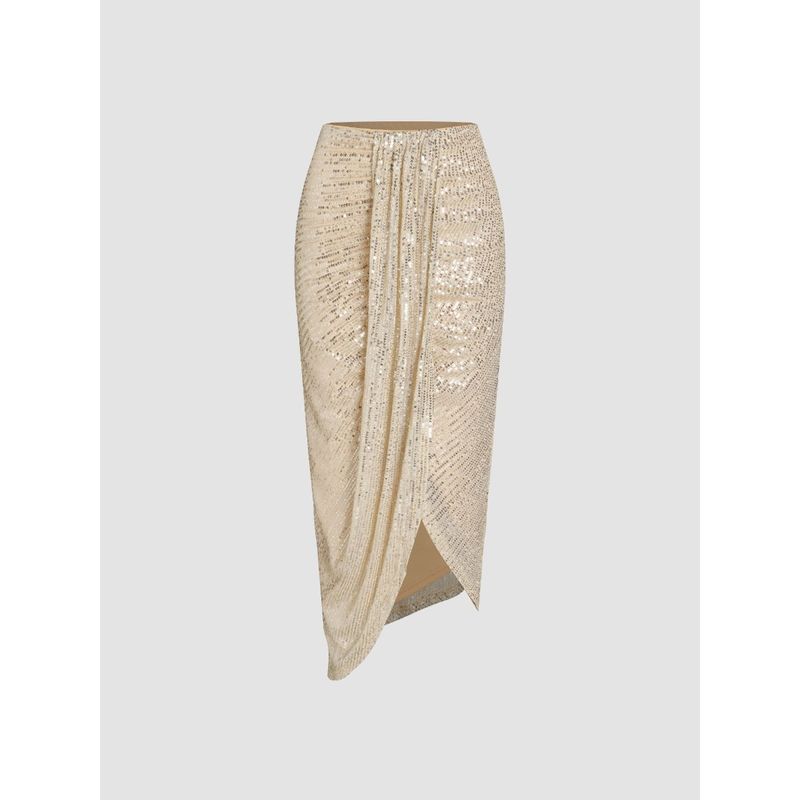 Cider Sequins High Waist Solid Ruched Midi Skirt (XS)