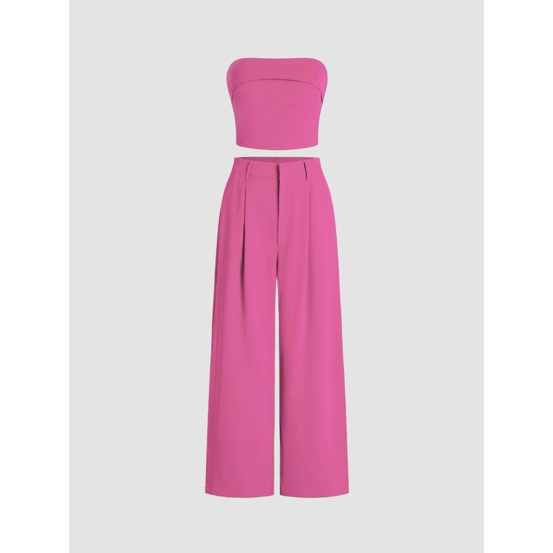 Cider Solid Shirred Tube Top and High Waist Pants Set (Set of 2) (M)