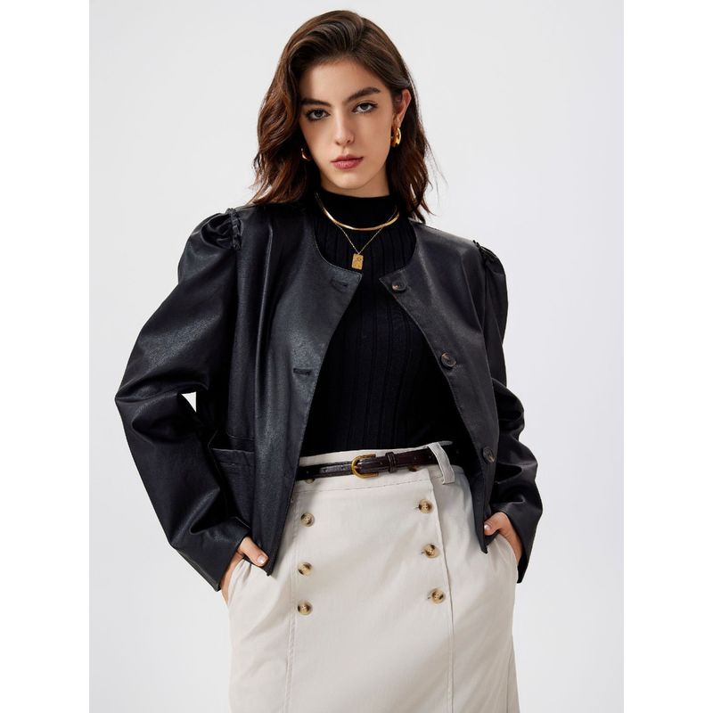 Cider Solid Faux Fur Round Neckline Button Jacket (L)