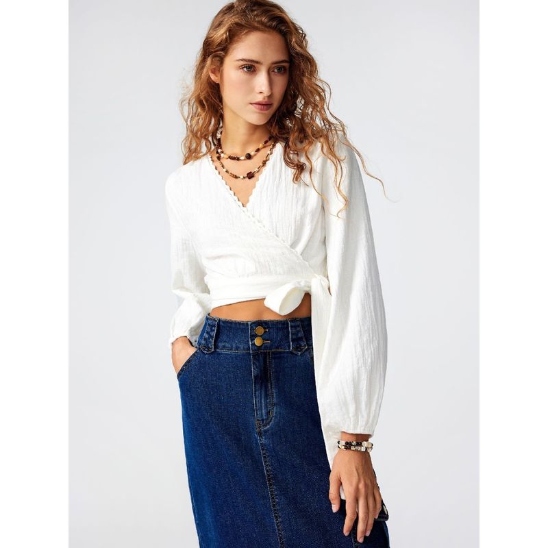 Cider V Neck Solid Ruffle Long Sleeve Blouse (S)