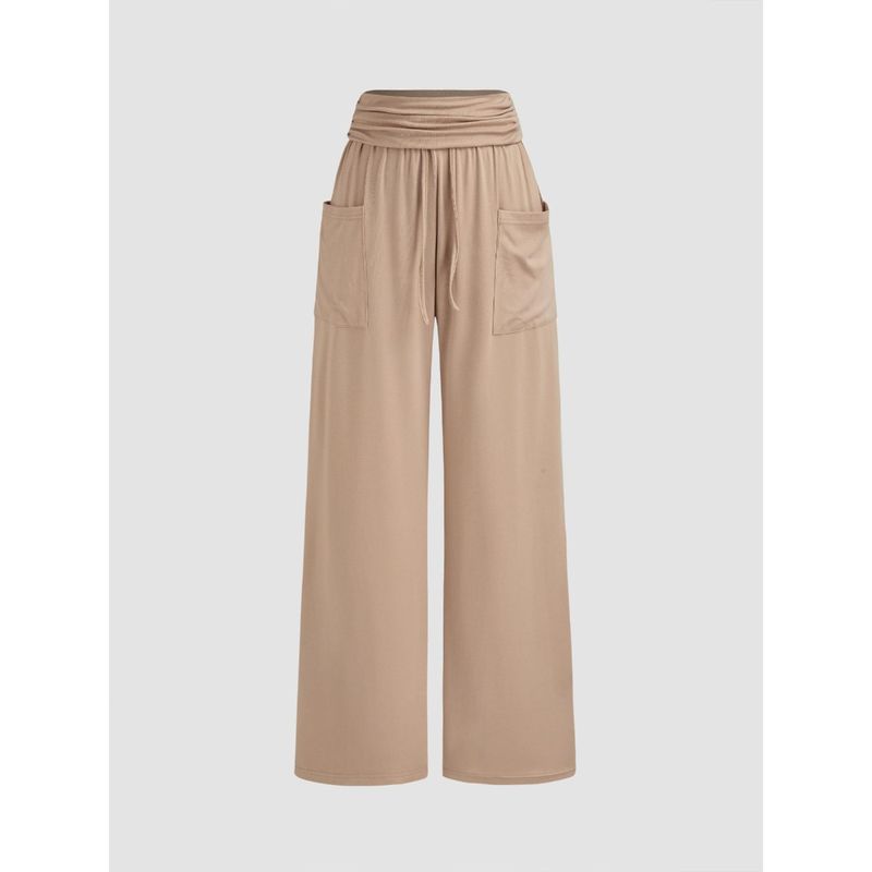 Cider French Riviera Vacation Mid Rise Solid Ruched Pocket Wide Leg Trousers (L)