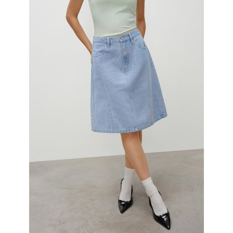 Cider Santorini Beach Vacation Denim Mid Waist Solid Midi Skirt (S)