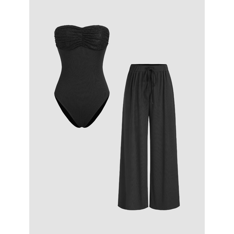 Cider Strapless Solid Bodysuit And Drawstring Wide Leg Trousers (Set of 2) (S)