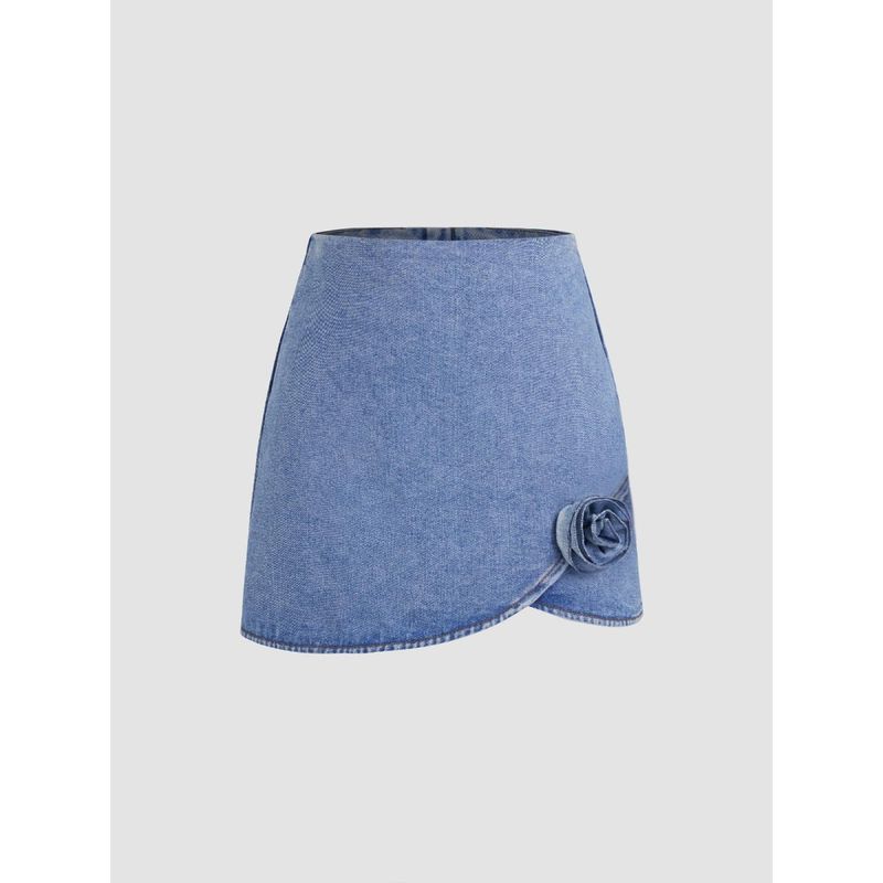 Cider Santorini Beach Vacation Rosette Denim Mid Rise Zipper Mini Skirt (L)