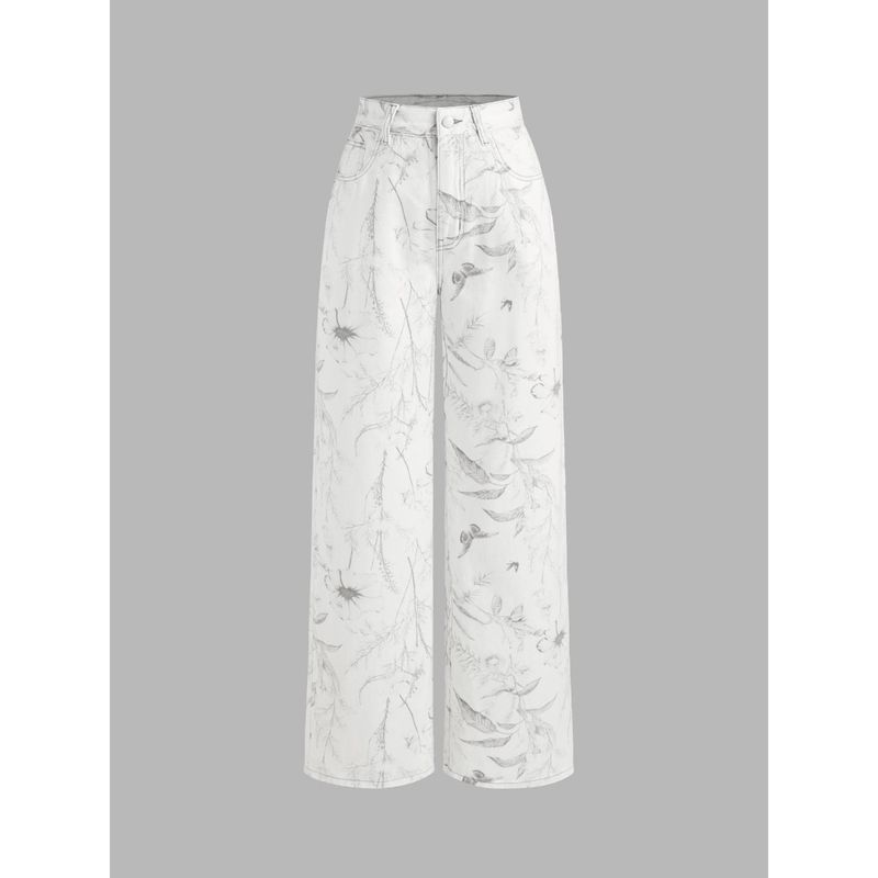 Cider Santorini Beach Vacation Denim Mid Rise Floral Straight Leg Jeans (L)