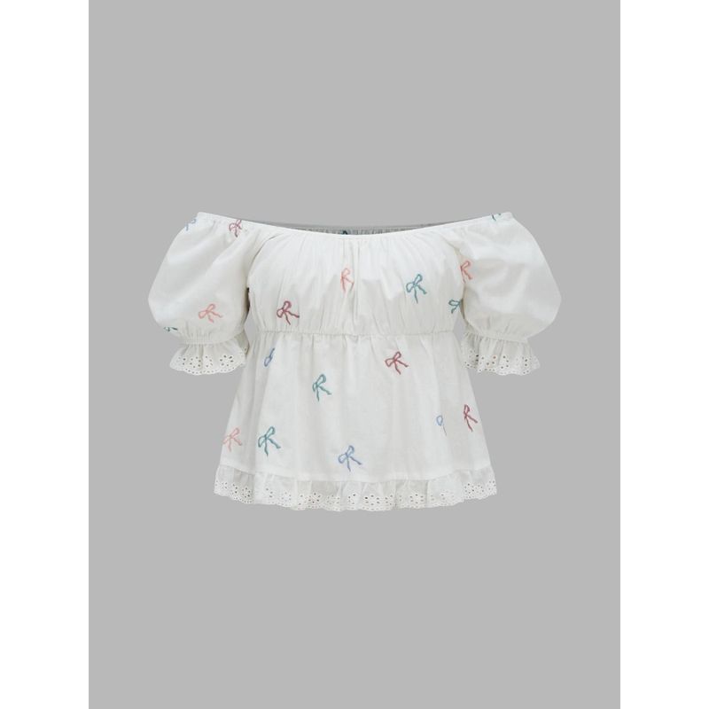 Cider Off-Shoulder Colorful Bowknot Lace Hem Blouse (S)