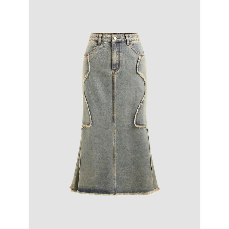 Cider Denim Low Rise Washed Ruffle Pocket Maxi Mermaid Skirt (S)