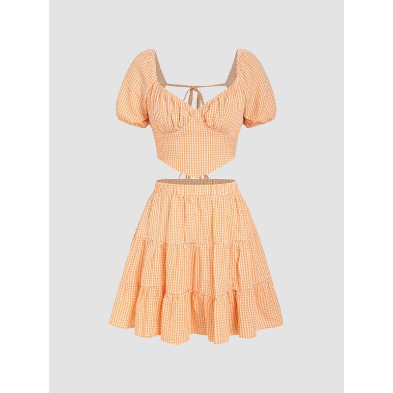 Cider Sweetheart Backless Puff Sleeve Crop Top And Ruffle Hem Mini Skirt (Set of 2) (S)